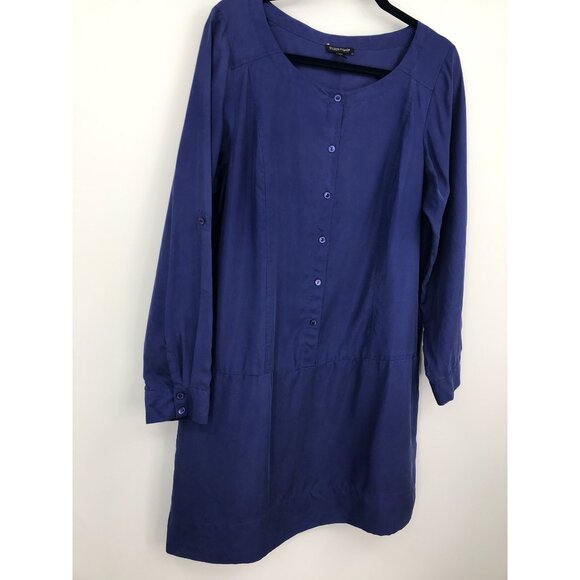 Eileen Fisher Button Shirt Silk Dress Navy Roll Tab Sleeve Size Medium - Picture 2 of 7